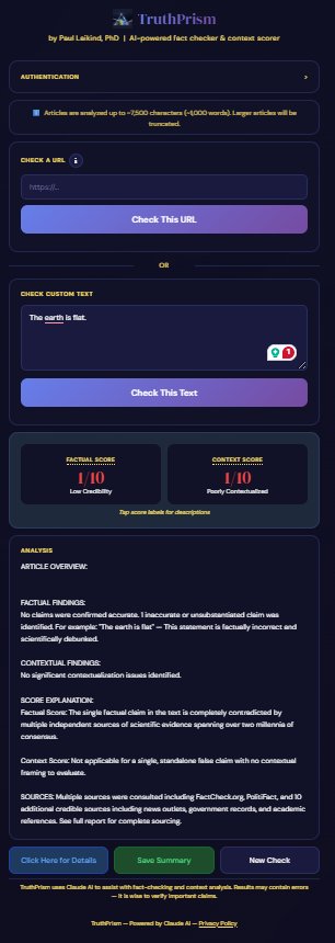 TruthPrism sample analysis output showing Factual Score 1/10 and Context Score 1/10 for the claim 'The earth is flat'